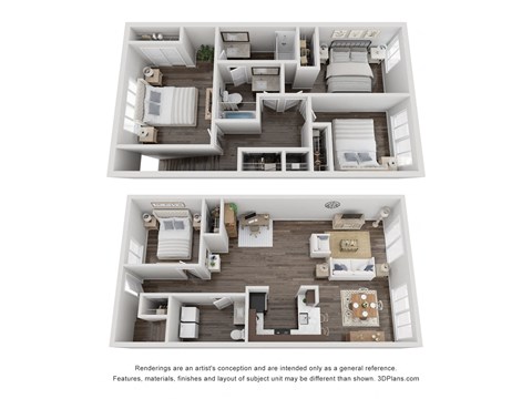 a stylized 3d floor plan with a bedroom and a living room